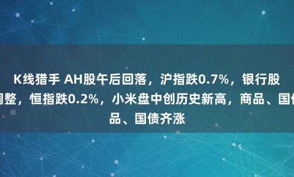 K线猎手 AH股午后回落，沪指跌0.7%，银行股集体调整，恒指跌0.2%，小米盘中创历史新高，商品、国债齐涨